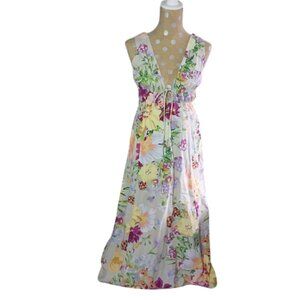 H&M Floral Greige V Neck Linen Blend Maxi Dress Small